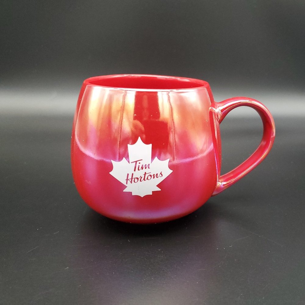 Tim Hortons 2020 Iredesent Red Coffee Cup W Handle 12oz Maple Leaf Design